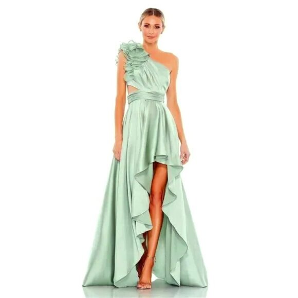 Mac Duggal Sage Green Ruffled One Shoulder Cut Out Hi-Lo Gown - Picture 1 of 3